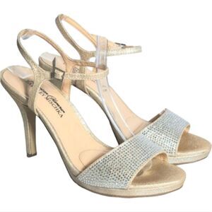 American Glamour Badgley Mischka Gold & Silver Rhinestone Peep Toe Heels Sz 6.5